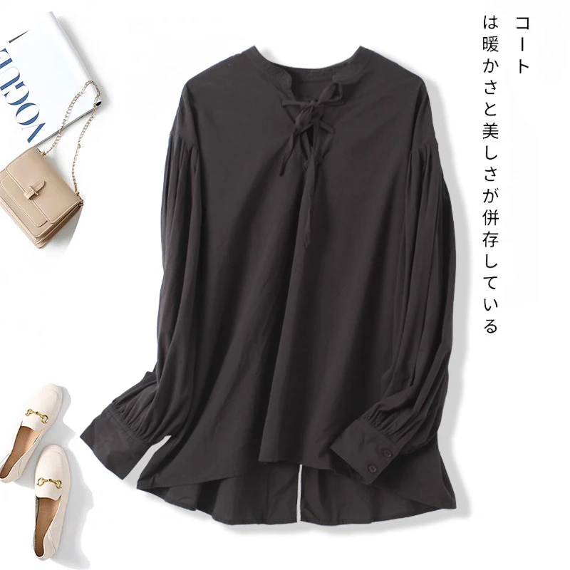 秋季新款女士法式气质系带宽松立领长袖衬衫AA689休闲简约