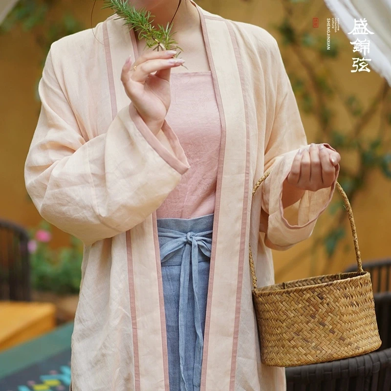 盛锦弦日常宋制汉服[步步生莲]中长褙子苎麻古风百搭宽松超薄单衫