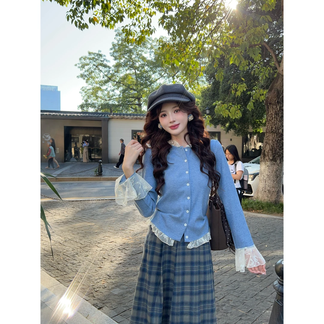 温敏er【慕斯奶芙】蕾丝长袖针织衫宽松上衣MX9019222-2