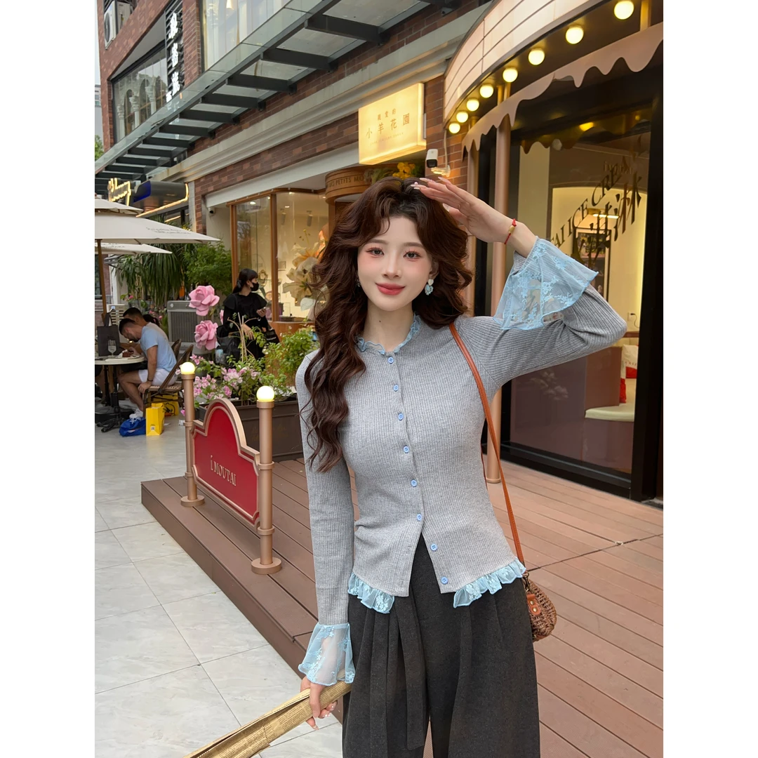 温敏er【慕斯奶芙】蕾丝长袖针织衫宽松上衣MX9019222