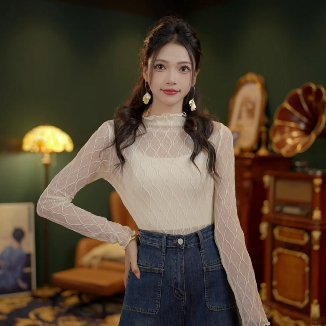 木木【蓓蕾织梦】蕾丝打底镂空气质修身半高领RC875086