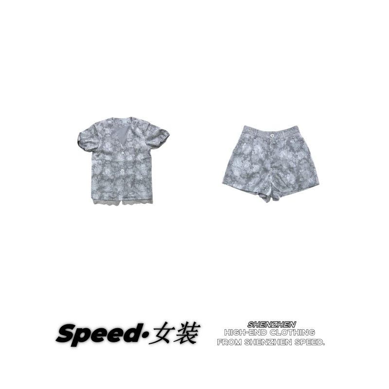 发财套装时尚休闲【小香风套装夏季】牛仔夏装上衣短袖女装印花