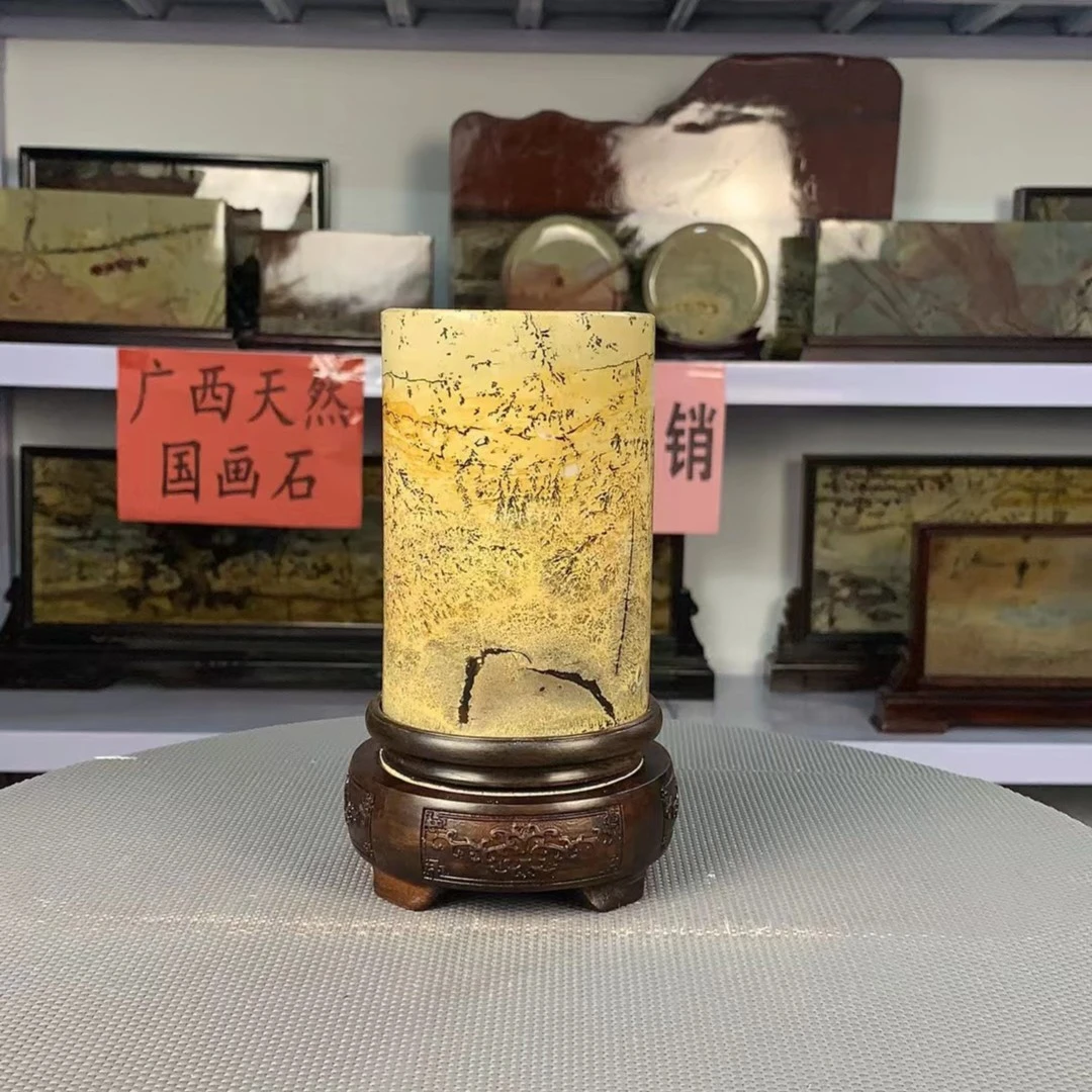广西宇智国画石精美笔筒摆件