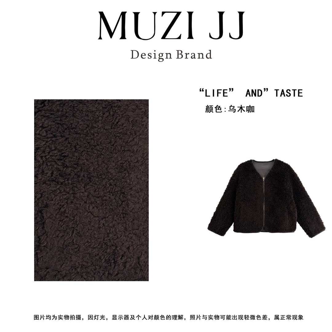 MUZI-时尚高级感小香风净色V领拉链外套19386