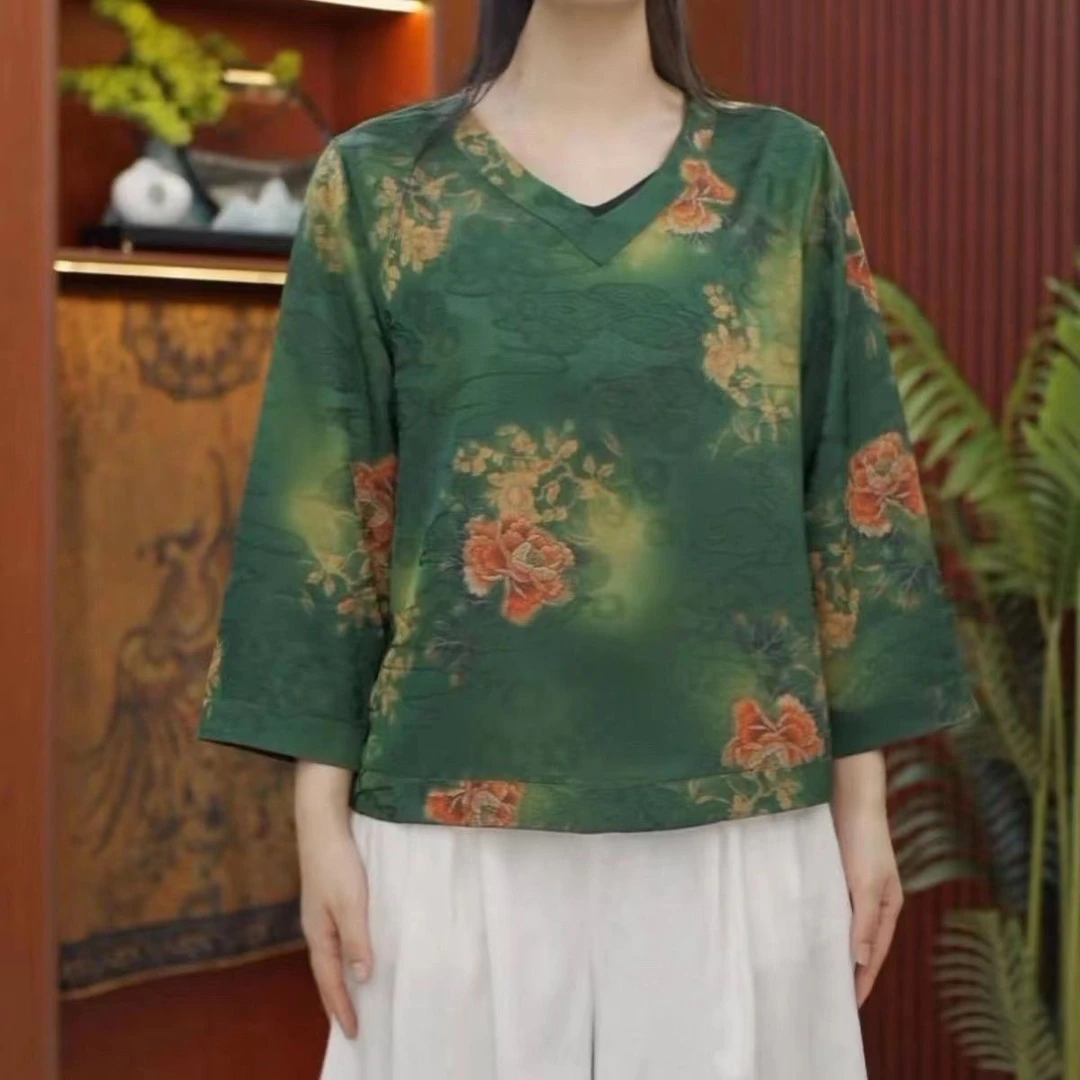 双面穿上衣短款印花大码显瘦新中式国风8858