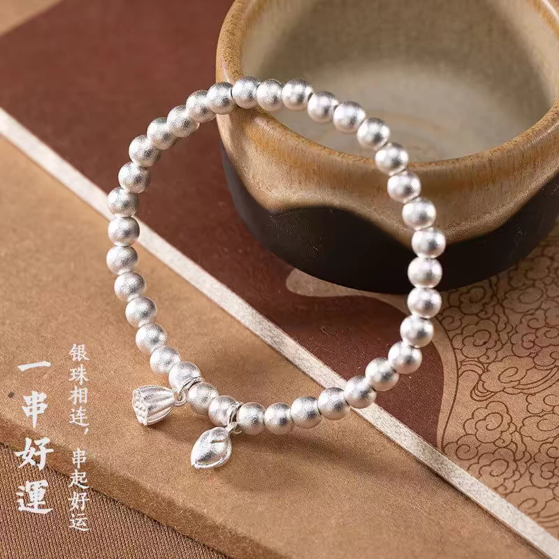 足银手链 两世欢足银999.9手串福牌六相花古法抛光传承珠珠手链