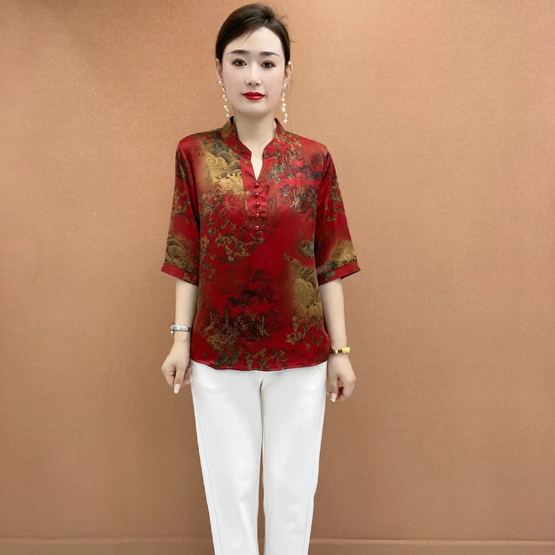 夏季洋气显瘦时尚气质妈妈装大码宽松印花中老年短袖小衫998款