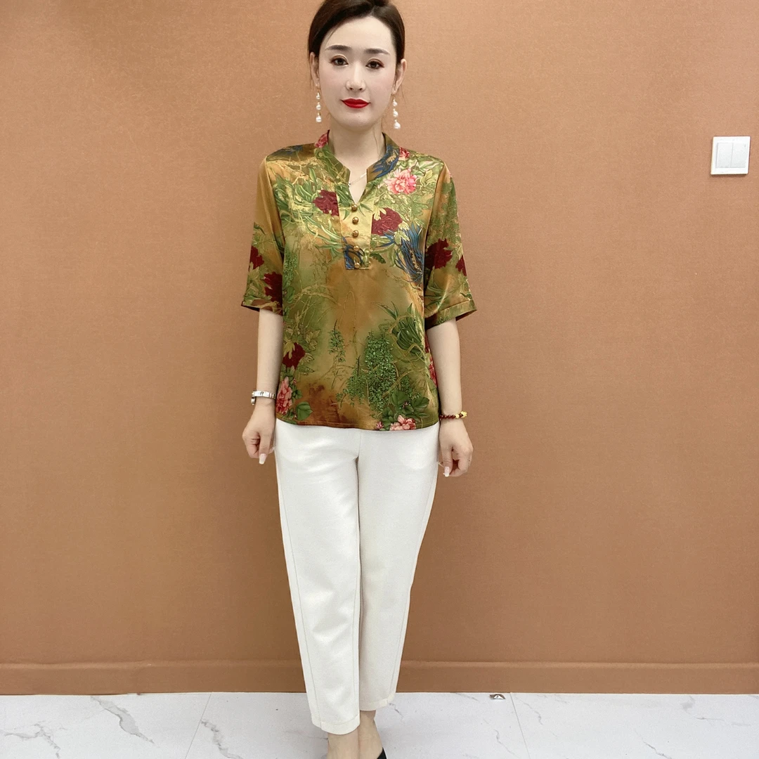 夏季爆款洋气显瘦时尚妈妈装大码宽松印花中老年中袖小衫258款