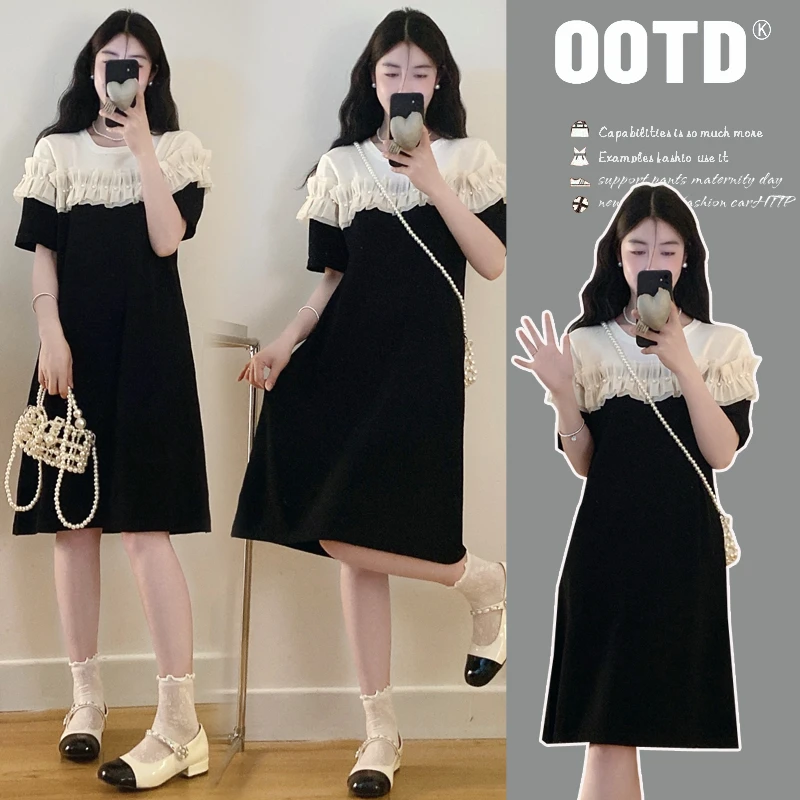 夏季新款撞色假两件短袖针织小黑裙女小个子法式气质时尚裙子211