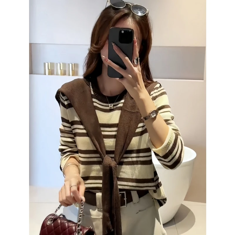 设计感披肩假两件条纹针织衫女2025秋季新款宽松高级感慵懒风上衣