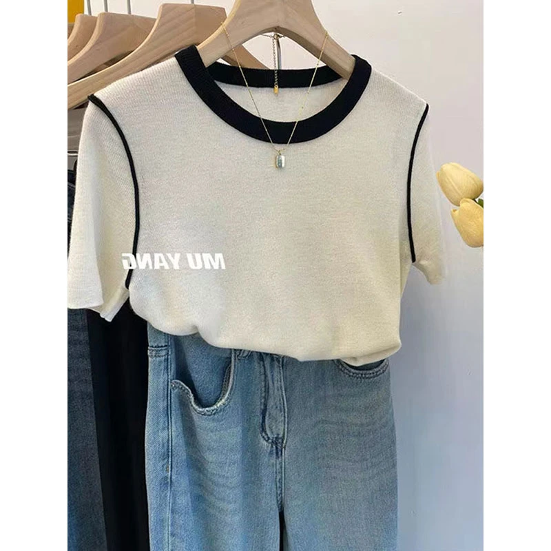 韩系简约撞色圆领针织短袖t恤夏季新款百搭显瘦打底小众宽松上衣
