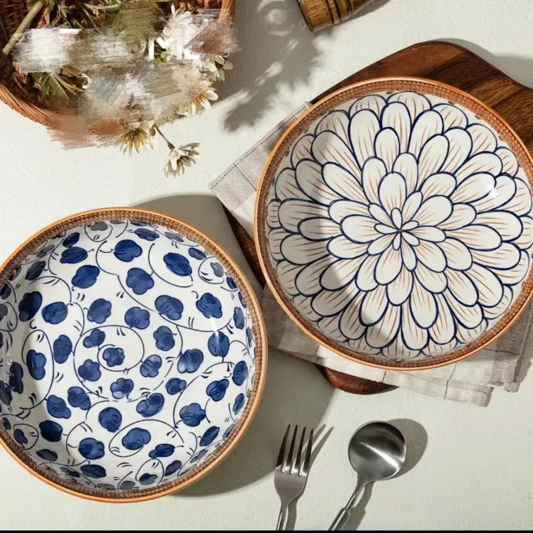 复古藤编蓝叶/花开富贵9英寸浮雕釉下彩2个混装日式