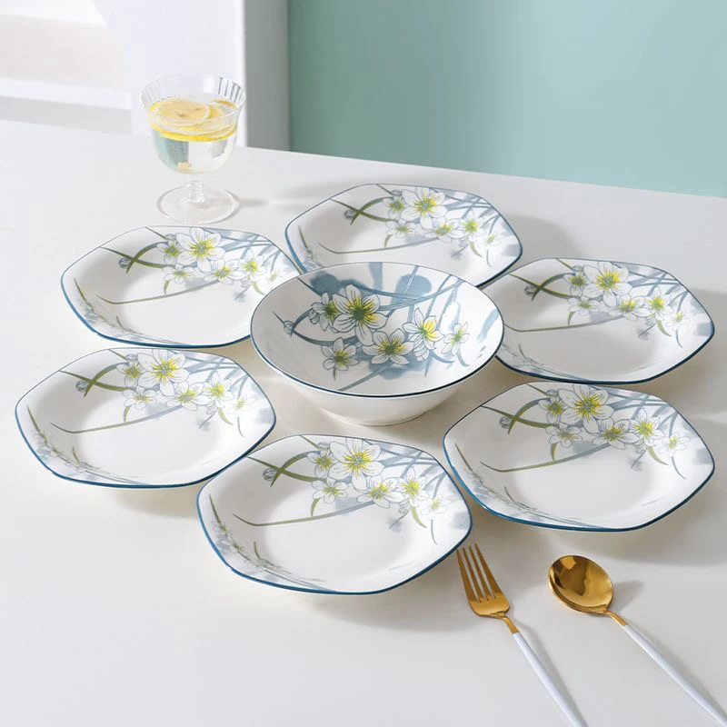 水仙花六角盘6个+8英寸汤碗1个陶瓷盘子餐具套装