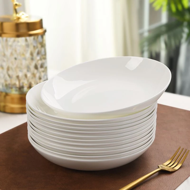 纯白超薄8英寸8只装骨瓷圆盘陶瓷深盘汤盘瓷盘菜盘酒店家用