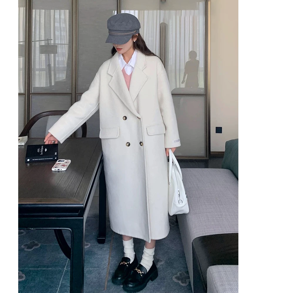 春季新款气质韩版宽松双面羊毛大衣双排扣通勤百搭#8302