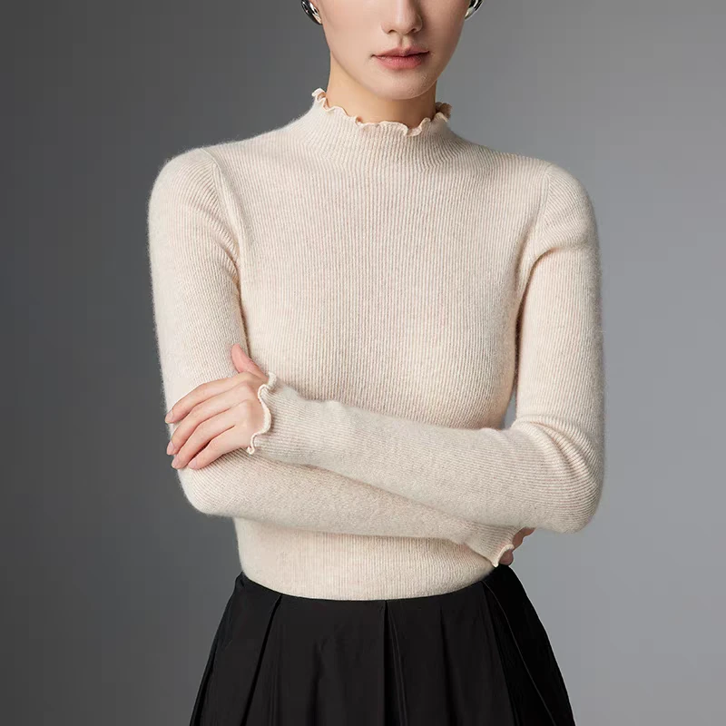 精纺木耳边毛衣打底衫半中领长袖气质百搭上衣