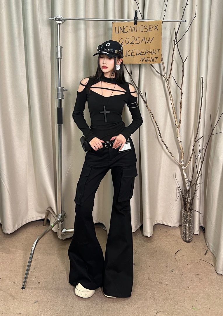 6NE 美式辣妹复古显瘦喇叭裤女黑色百搭工装气质时尚秋冬休闲长裤