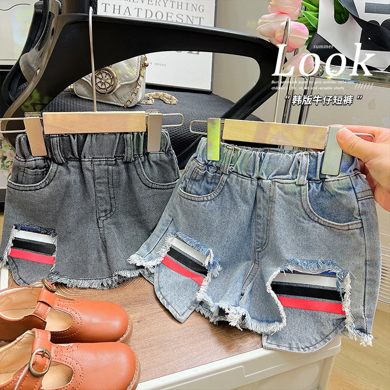女童毛边拼接牛仔裤2024夏季新款儿童装洋气时尚百搭短裤af65166