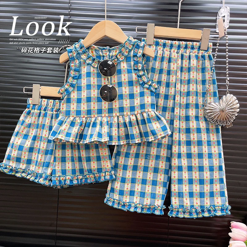 中大童棉质套装2024新款碎花格子娃娃衫+短裤+长裤三件套S24331