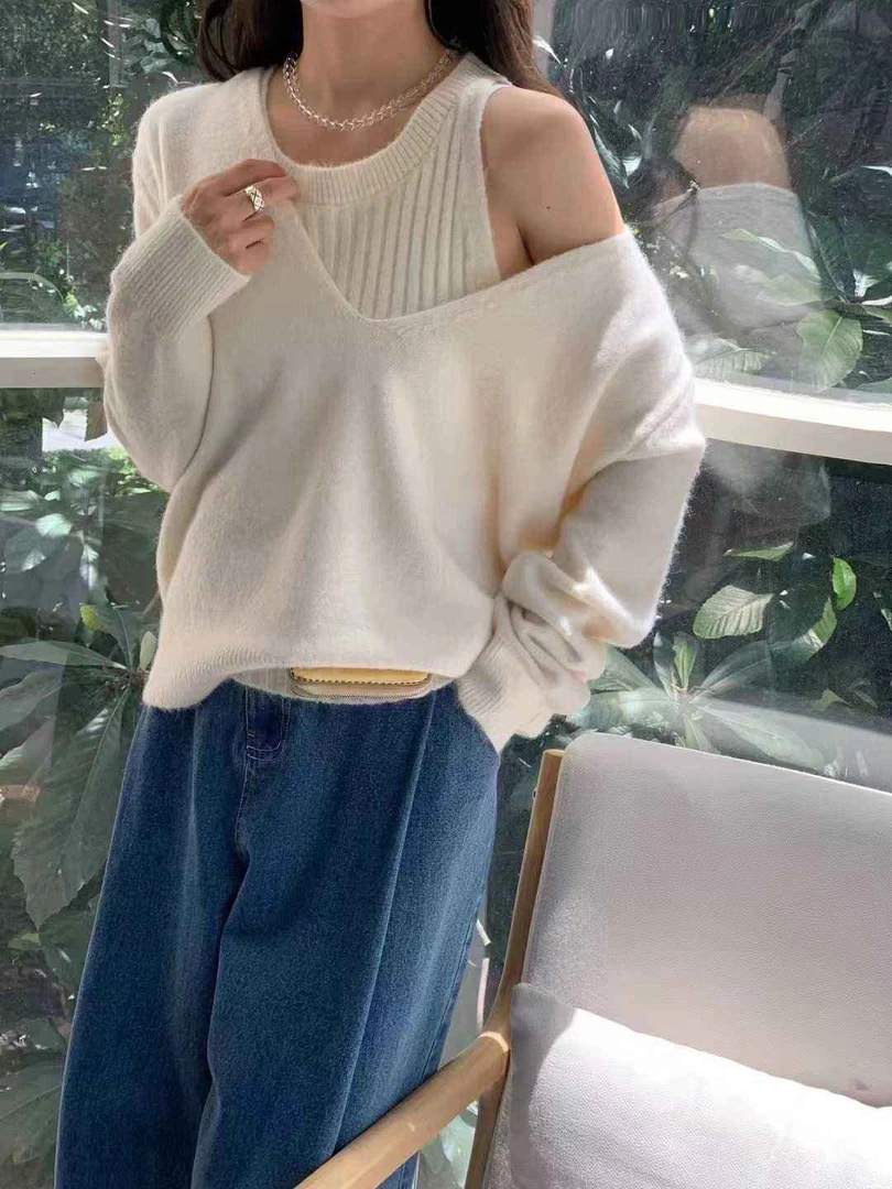 秋冬设计感背心毛衣女韩版慵懒风显瘦V领针织衫两件套