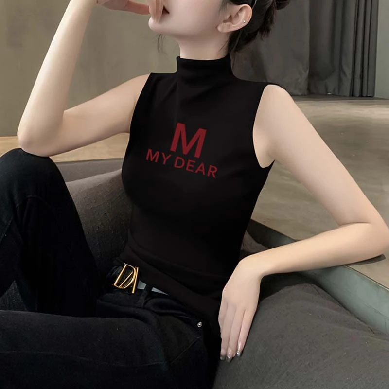 莫代尔半高领背心女春夏薄款内搭秋冬新款修身打底黑色无袖上衣潮