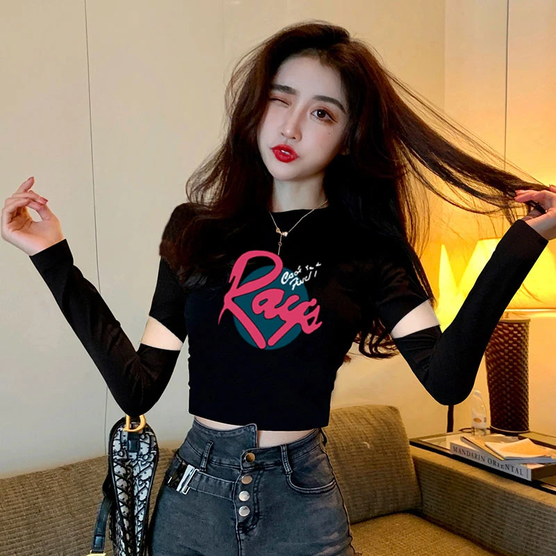 黑色半高领短款长袖打底衫女t恤2024早秋冬新款修身显瘦印花上衣