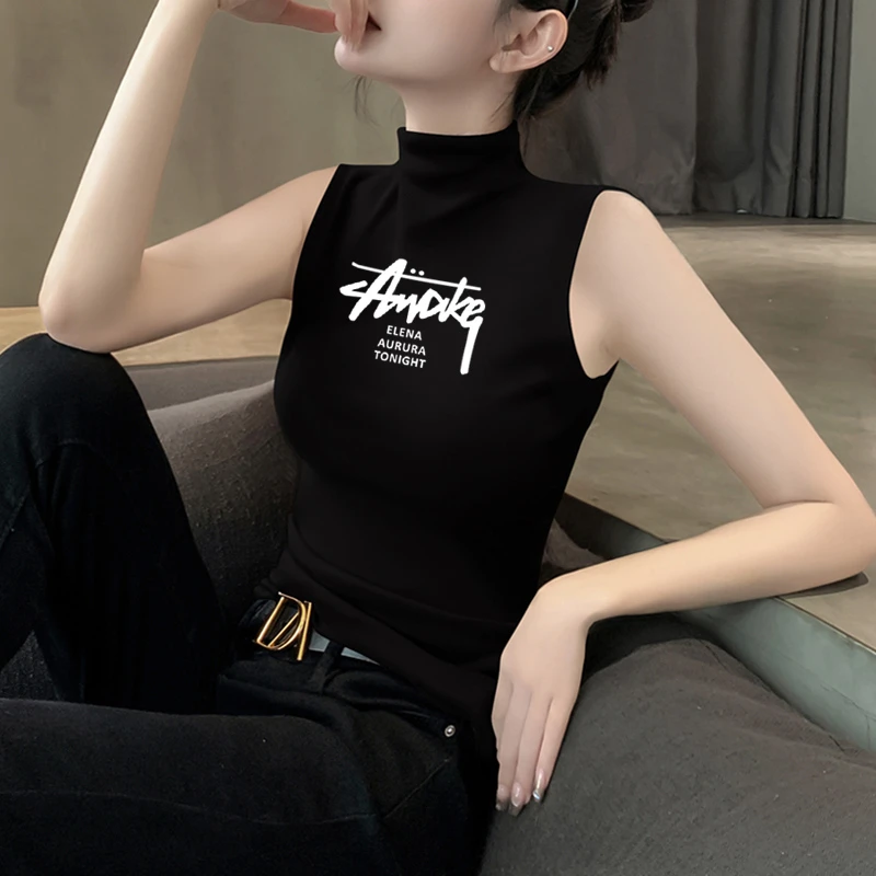 黑色莫代尔半高领背心女夏新款内搭无袖上衣设计感印花显瘦打底衫
