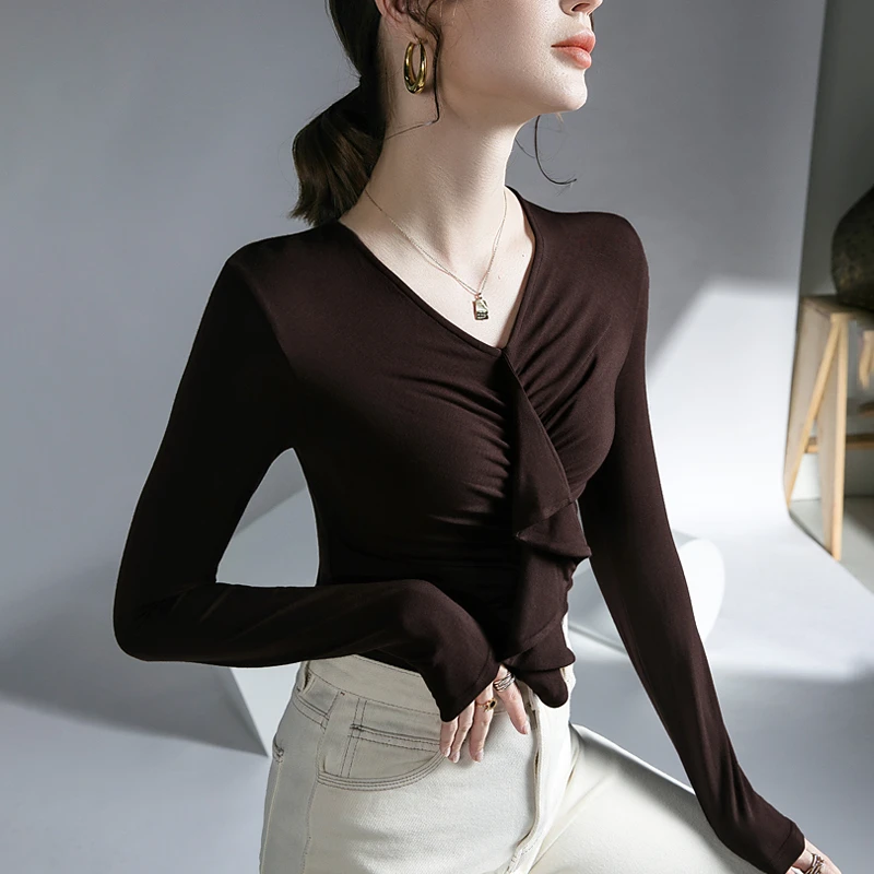CY159荷叶边上衣2024新款设计感内搭打底衫弹力洋气长袖修身显瘦