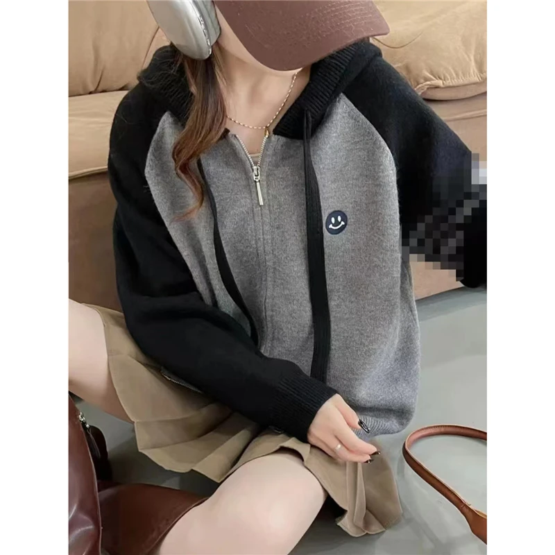 笑脸刺绣连帽针织衫上衣秋冬拉链开衫休闲宽松百搭毛衣J1972