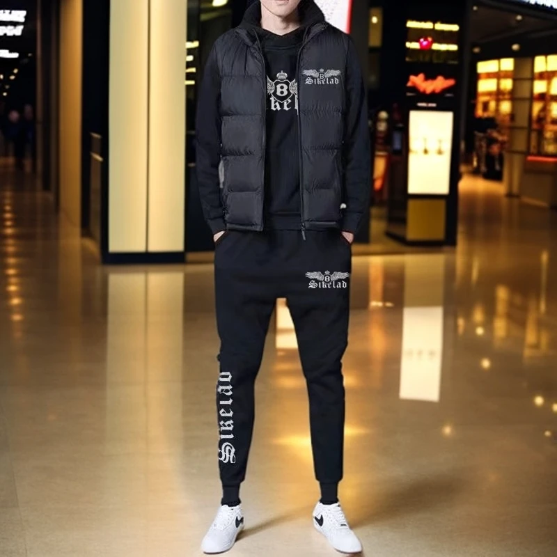 男士马甲连帽卫衣运动套装男春秋冬款加绒加厚帅气马甲卫衣三件套