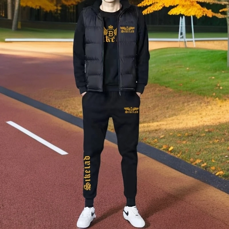 男士马甲保暖圆领运动休闲套装男春秋冬款加绒加厚帅气马甲三件套