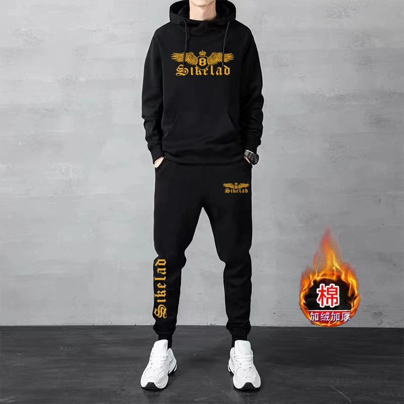 秋冬季休闲运动套装男士加绒加厚保暖连帽卫衣束脚长裤宽松两件套