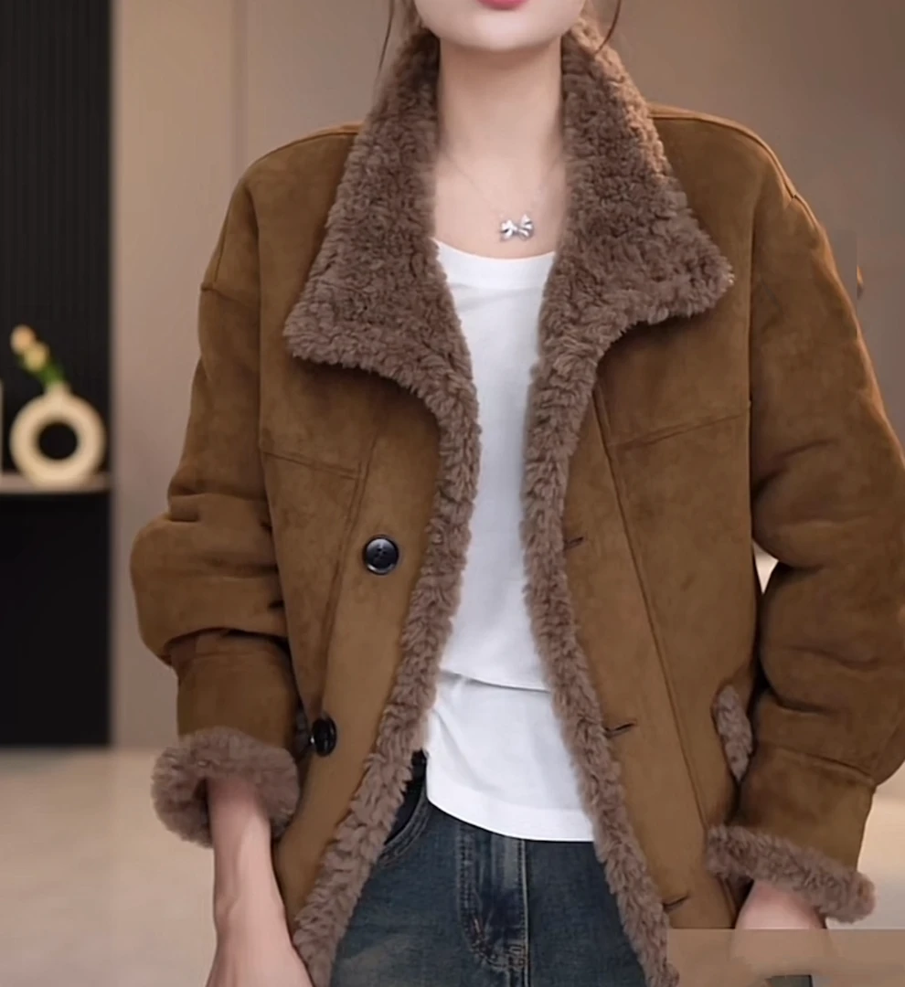 新款冬季反绒面休闲时尚气质女士毛绒短款加绒加厚保暖外套6568