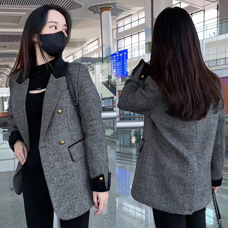 JL.巧盈|女士西装气质网红双排扣休闲显瘦羊毛时尚韩版外套冬5500