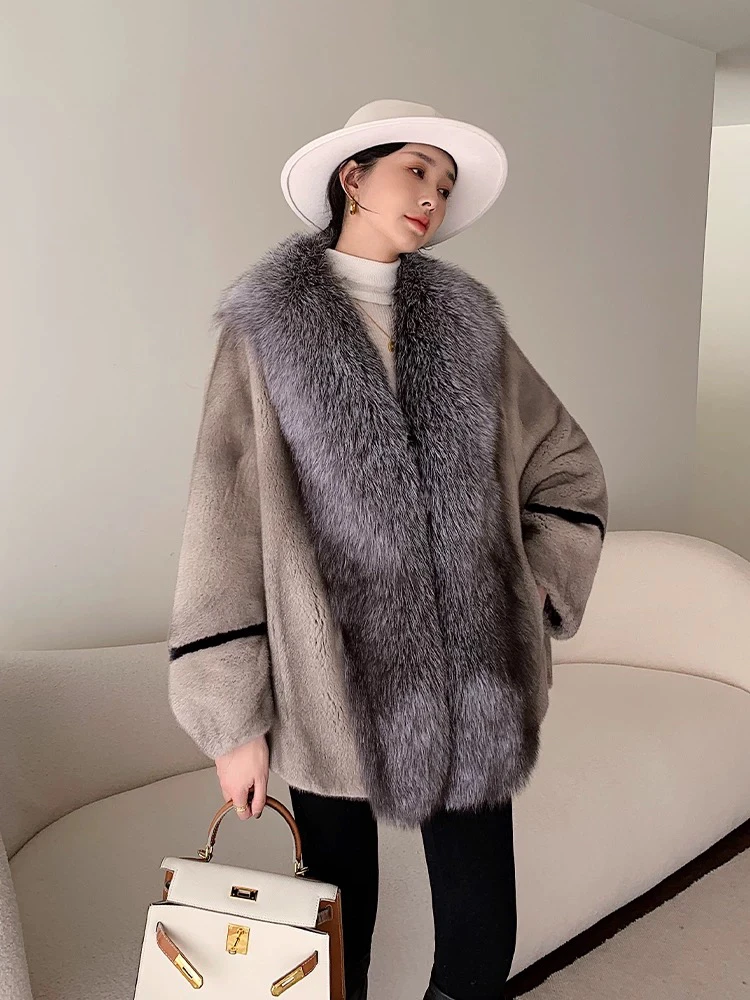 新款进口水貂大衣女短款狐狸毛皮领门皮草外套整貂