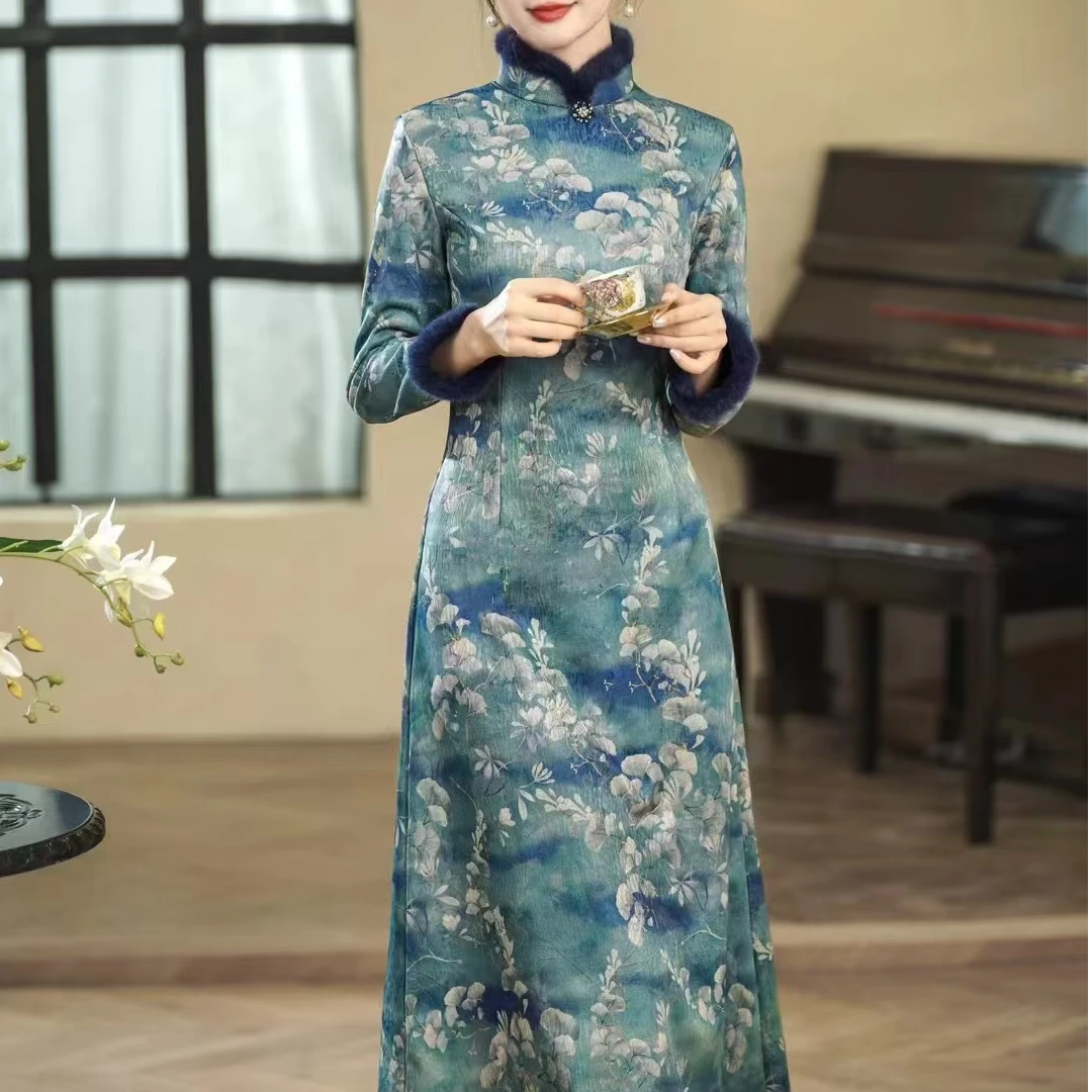 【银杏，旗袍裙】冬款高端改良新中式女装妈妈款旗袍连衣裙