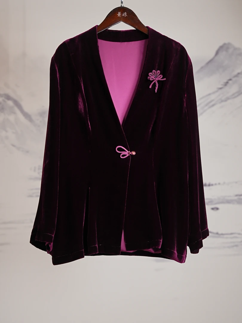 萧娘【问兰】香云纱金丝绒女新中式桑蚕丝上衣中国风679