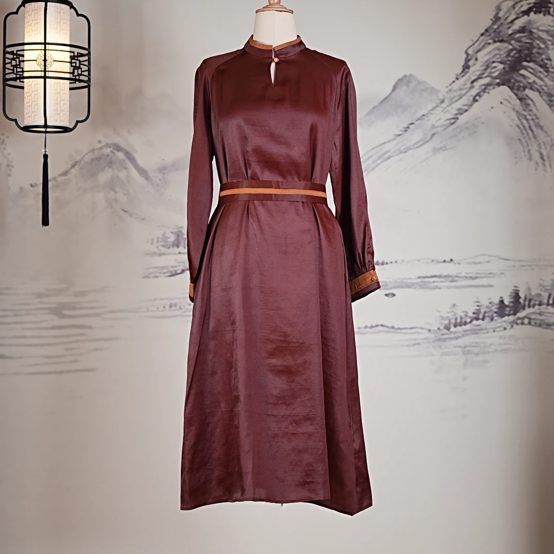 萧娘【菀歌】香云纱工艺桑蚕丝宽松连衣裙休闲百搭新中式中国风2226