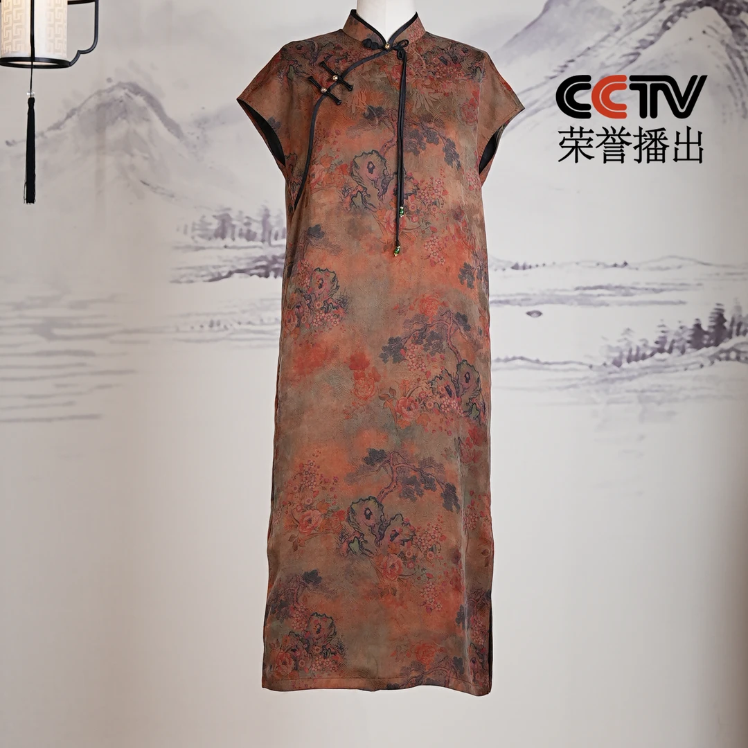 萧娘【伊人醉】印花缎香云纱新中式桑蚕丝女连衣裙中国风1248
