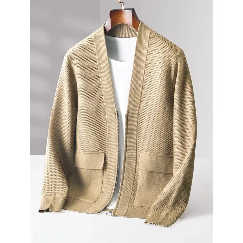 秋冬羊毛衫男V领针织开衫外套韩版休闲肌理感夹克打底毛衣