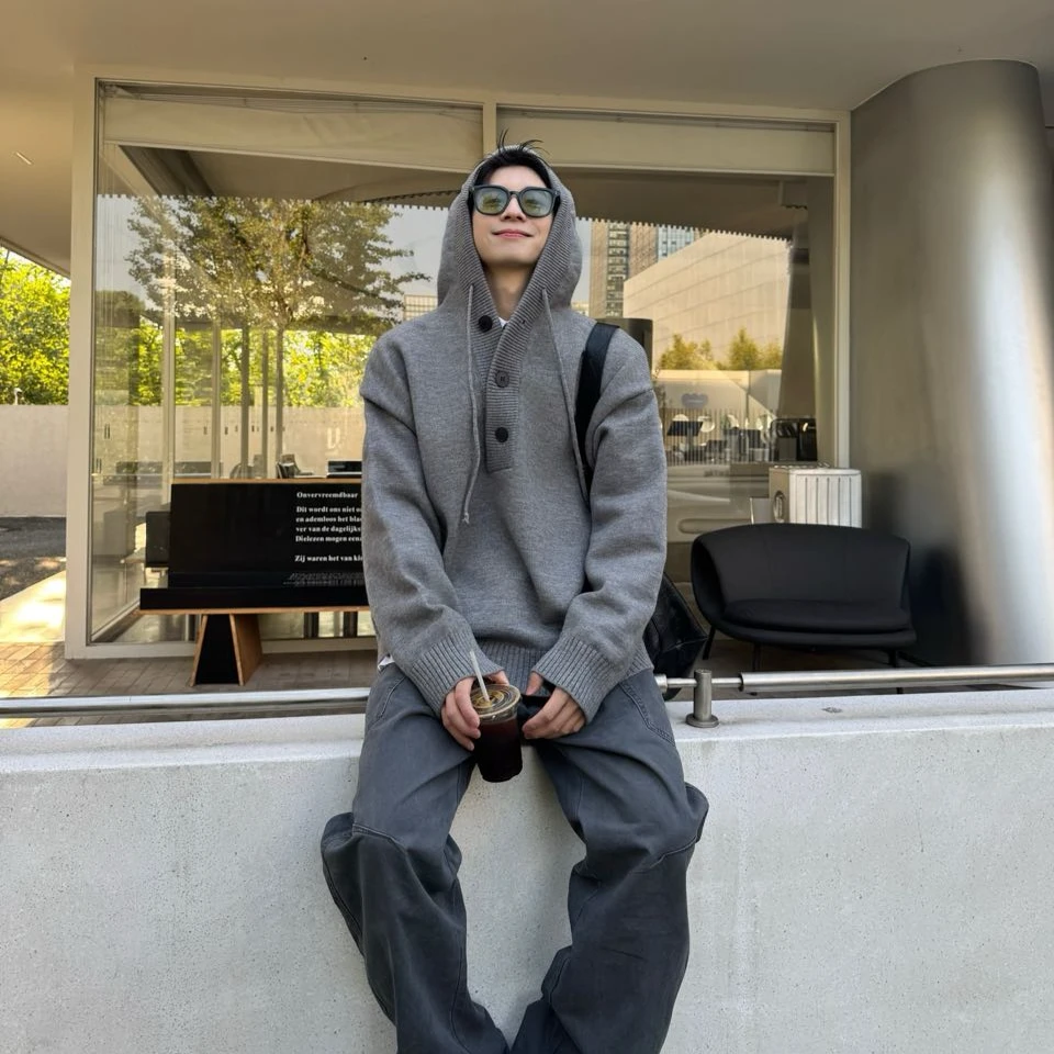 【ONEARTS毛衣】海獭~纯色宽松百搭情侣男女秋冬灰色连帽针织衫外套