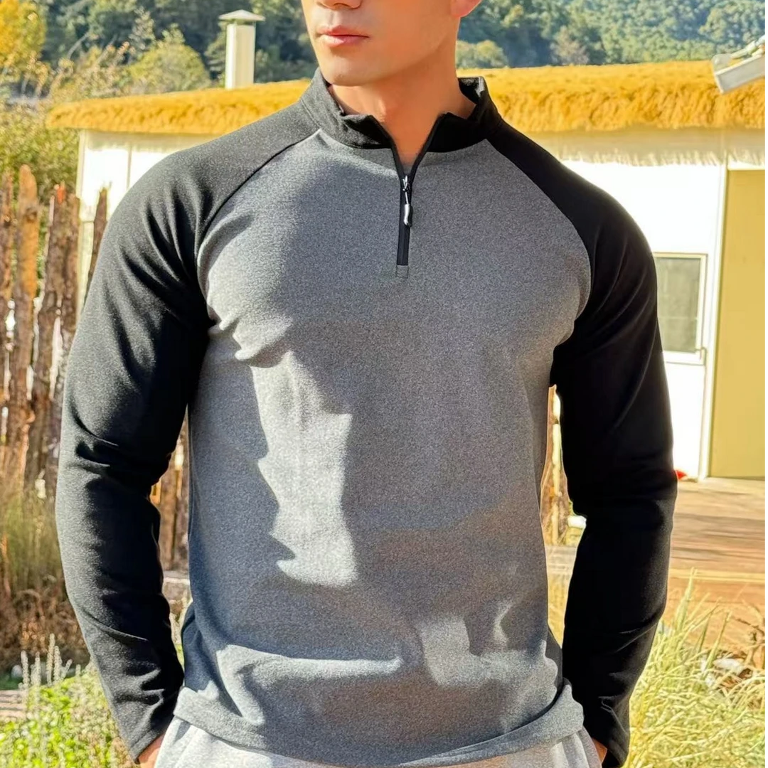 美式秋冬拼色插肩德绒保暖加厚长袖打底衫运动健身弹力男潮装新款