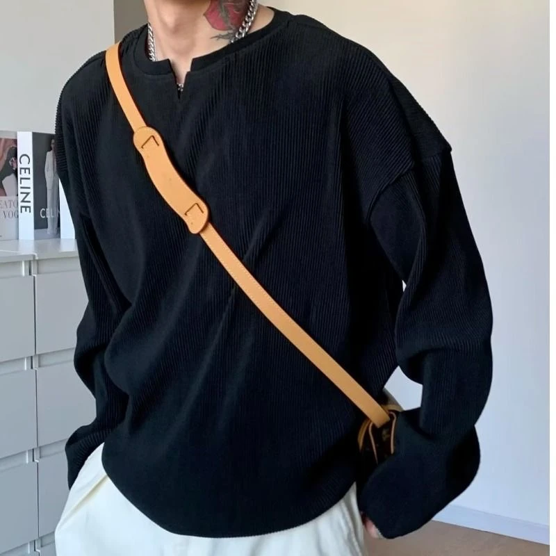 V领褶皱长袖秋冬男T恤宽松健身衣服运动垂感重磅新款训练潮流百搭