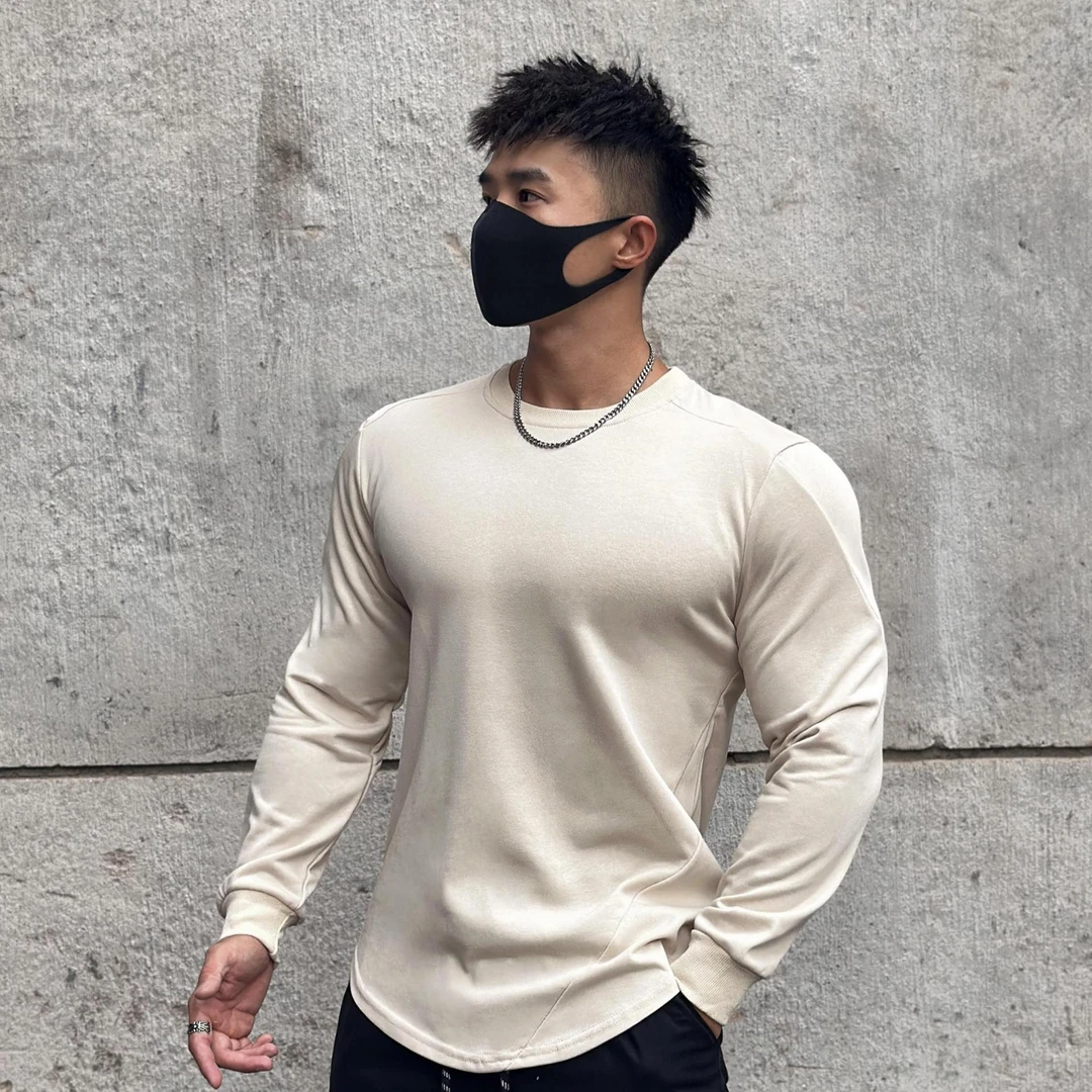 秋季潮牌纯色拼接健身训练长袖男休闲卫衣跑步打底运动T恤衣服