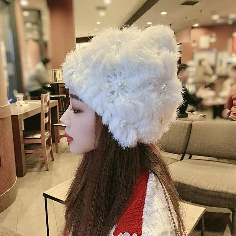 帽子女冬季兔毛立体钩花帽手工编织镂空皮草毛毛帽毛线针织包头帽
