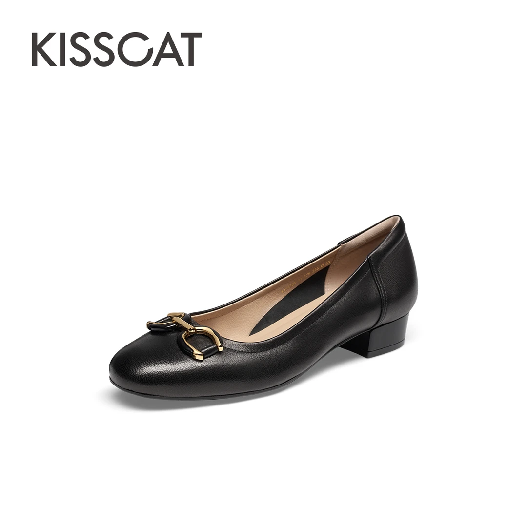 接吻猫【达人专属】新款通勤圆头粗跟马衔扣舒适浅口单鞋KA54124-11