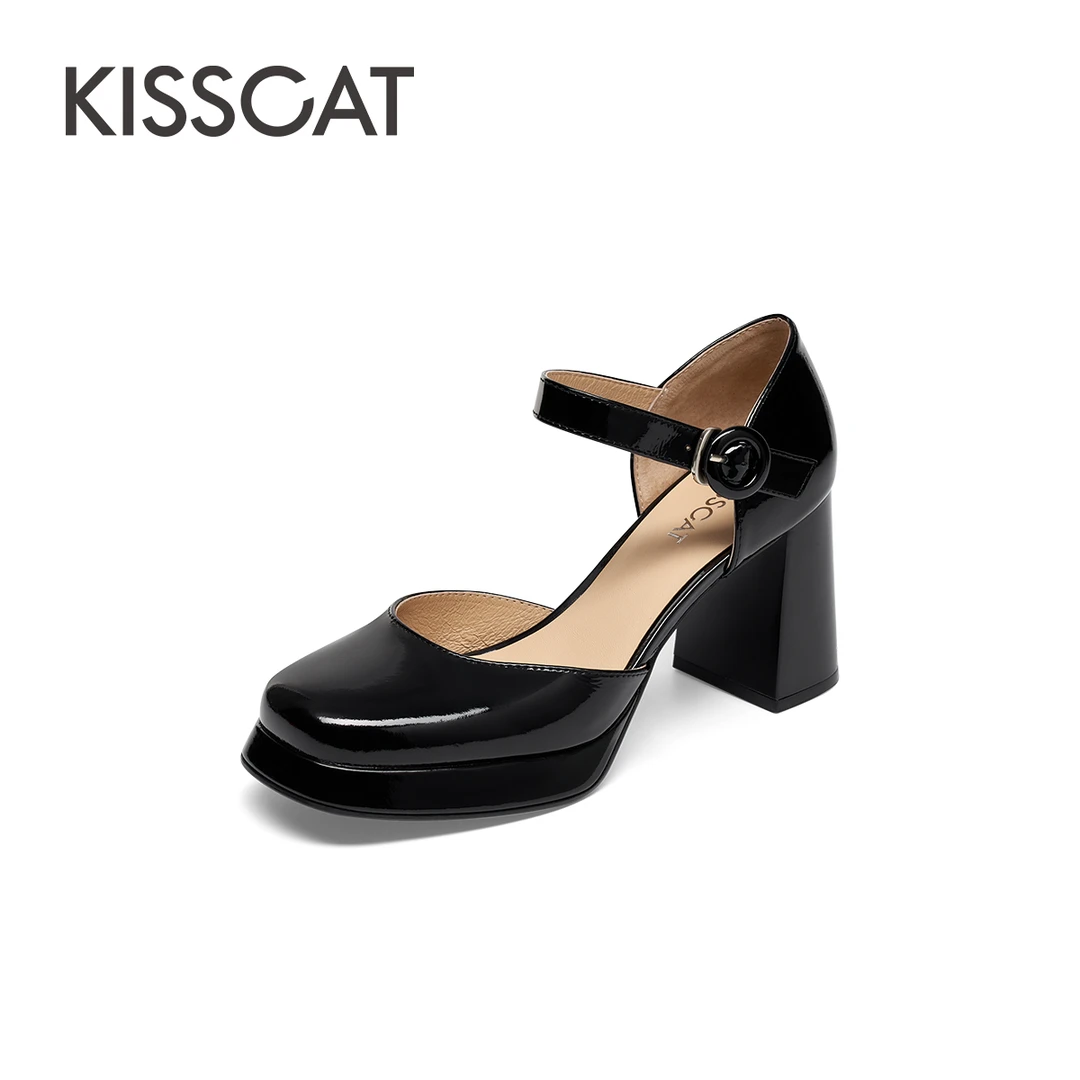 接吻猫质感粗跟真皮包头玛丽珍女鞋方头厚底单鞋KA43354-81