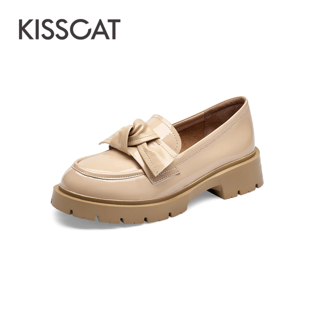 接吻猫【达人专属】新款百搭真皮蝴蝶结圆头厚底乐福鞋KA43145-53
