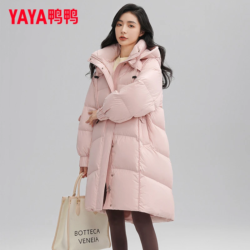 YAYA/鸭鸭羽绒服女2023年新款冬季中长款宽松连帽外套YE3B605371A