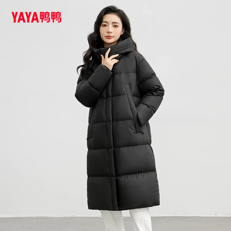 YAYA/鸭鸭冬季新款长款韩版宽松连帽外套长款羽绒服YE3B631993N